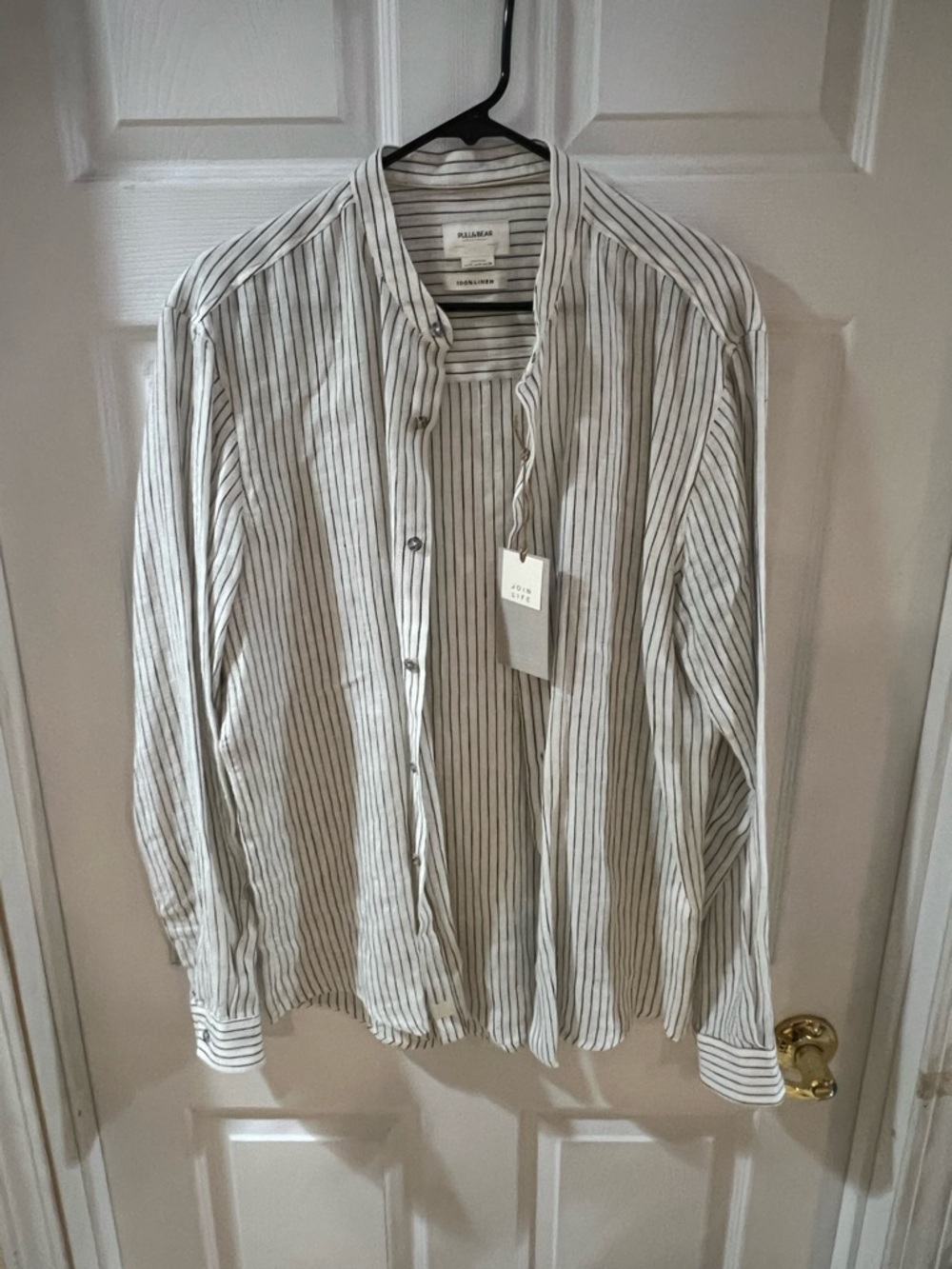 Pull&Bear White Linen Shirt with Black Stripes